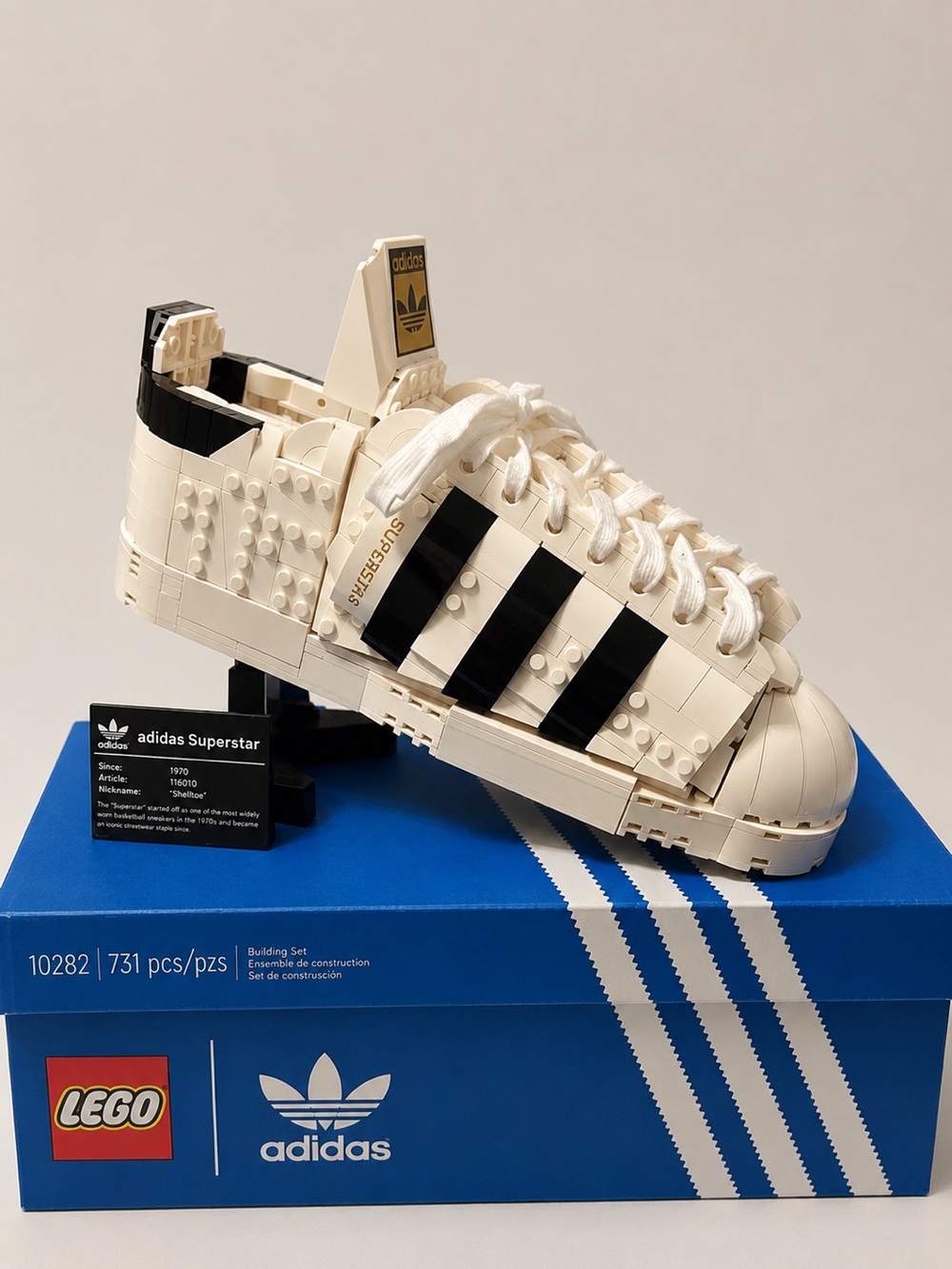 Lego adidas Superstar Shoe Model - White with Black Stripes and Gold Detail